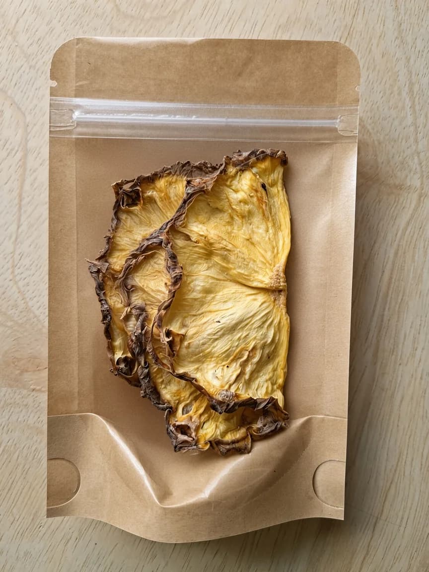 Sachet kraft à fenêtre : deux demi-tranches d’ananas séchées.